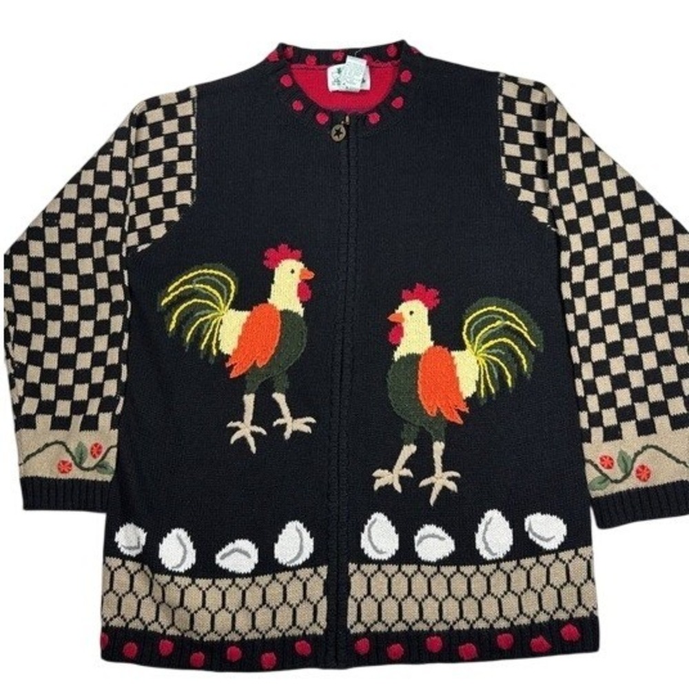 Vintage 90's New Quacker Factory Rooster Farm Teacher Black Zip Cardigan Size M